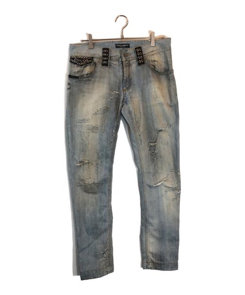 DOLCE & GABBANA（ドルチェ＆ガッバーナ）DOLCE & GABBANA (ドルチェ＆ガッバーナ) メタルロゴ加工 レザーベルトループデニムパンツ ブルー サイズ:46の古着・服飾アイテム