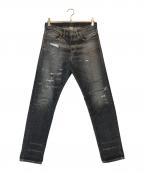 RRLダブルアールエル）の古着「SLIM NARROW ダメージ加工デニムパンツ」｜ブラック
