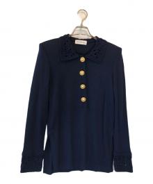 Yves Saint Laurent（イヴサンローラン）の古着「CROCHET COLLAR PEARL BUTTON KNIT」｜ネイビー