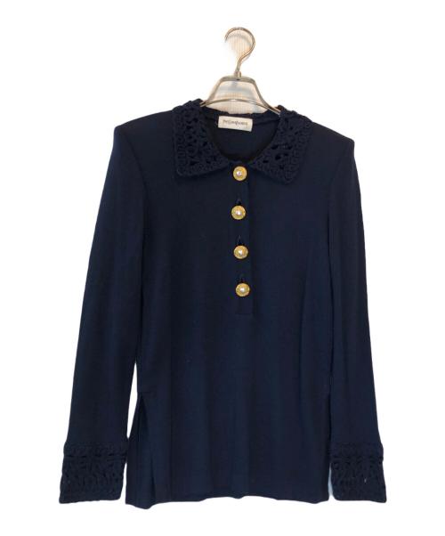 Yves Saint Laurent（イヴサンローラン）Yves Saint Laurent (イヴサンローラン) CROCHET COLLAR PEARL BUTTON KNIT ネイビー サイズ:Mの古着・服飾アイテム