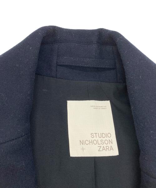 ZARA（ザラ）ZARA (ザラ) STUDIO NICHOLSON (スタジオ ニコルソン) レザーパッチ切替Pコート ネイビー サイズ:Mの古着・服飾アイテム