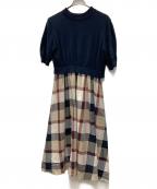 BLUE LABEL CRESTBRIDGEブルーレーベルクレストブリッジ）の古着「チェックドレープツイル ニットコンビマキシワンピース」｜ネイビー×ベージュ