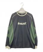 HUFハフ）の古着「DISTRESSED LOGO CREW」｜ブラック