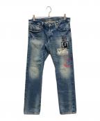 Hysteric Glamourヒステリックグラマー）の古着「SP加工MULTIガール プリントスタッズデニムパンツ」｜インディゴ