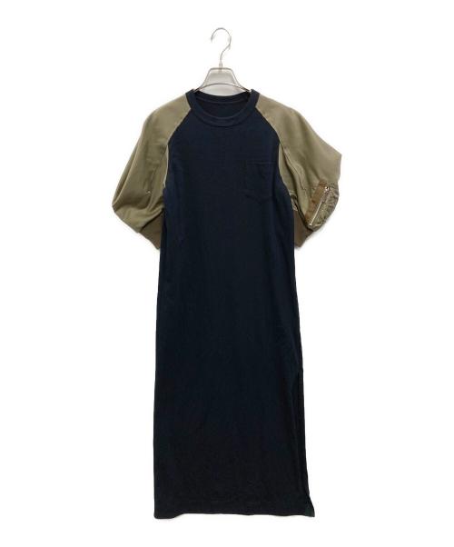 sacai（サカイ）sacai (サカイ) MA-1ドッキングパフスリーブマキシ半袖ワンピース ブラック×オリーブ サイズ:1の古着・服飾アイテム