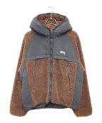 stussyステューシー）の古着「SHERPA PANELED HOODED JACKET」｜ブラック×ブラウン