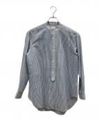 BLAMINKブラミンク）の古着「コットンシルクバンドカラーストライプシャツ」｜ホワイト×ブルー