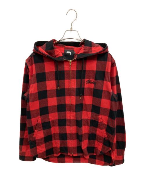 stussy（ステューシー）stussy (ステューシー) ロゴ刺繍チェックジップアップパーカー ブラック×レッド サイズ:XLの古着・服飾アイテム