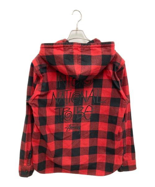 stussy（ステューシー）stussy (ステューシー) ロゴ刺繍チェックジップアップパーカー ブラック×レッド サイズ:XLの古着・服飾アイテム