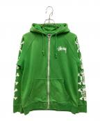 stussyステューシー）の古着「スカルクロスボーンプリントジップアップパーカー」｜グリーン
