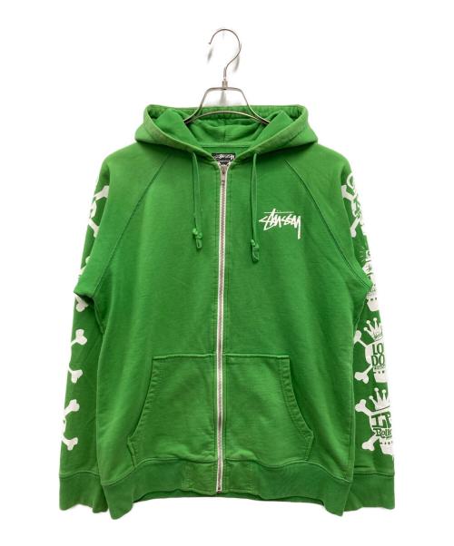 stussy（ステューシー）stussy (ステューシー) スカルクロスボーンプリントジップアップパーカー グリーン サイズ:Lの古着・服飾アイテム