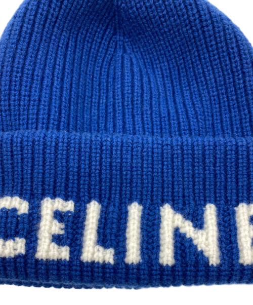 CELINE（セリーヌ）CELINE (セリーヌ) カシミヤ混ウール ロゴ リブ ニットキャップ ブルーの古着・服飾アイテム