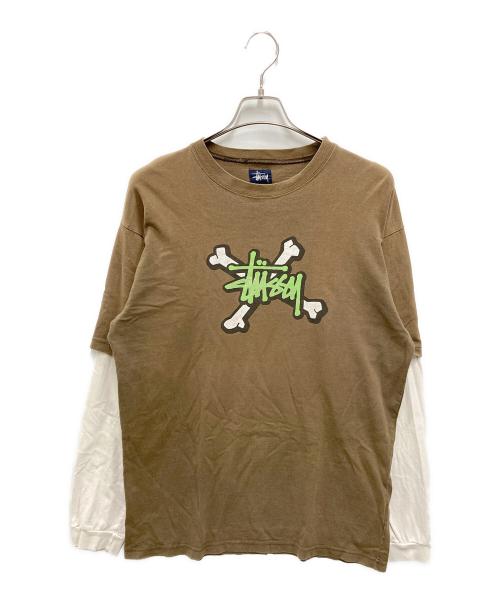 stussy（ステューシー）stussy (ステューシー) クロスボーンプリントレイヤードカットソー ブラウン×ホワイト サイズ:Lの古着・服飾アイテム