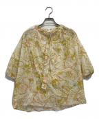 TOMORROW LAND collectionトゥモローランドコレクション）の古着「ベジタブルリーフプリントネックギャザーブラウス」｜ベージュ