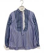MUVEILミュベール）の古着「パールボタン ストライプ フリル プルオーバーブラウス」｜ネイビー