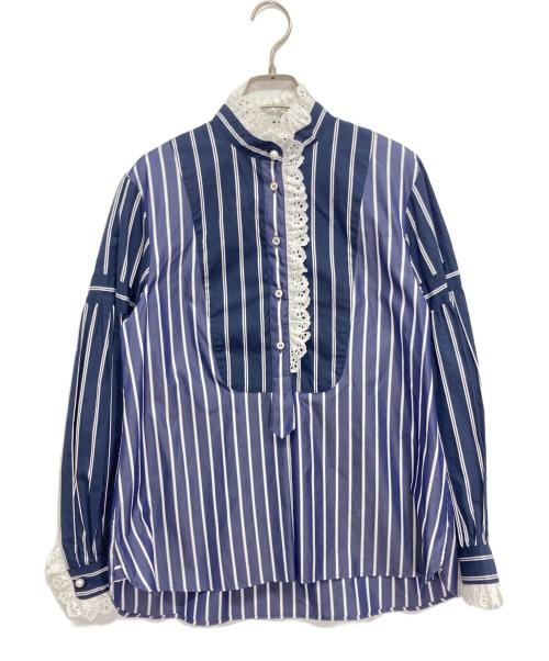 MUVEIL（ミュベール）MUVEIL (ミュベール) パールボタン ストライプ フリル プルオーバーブラウス ネイビー サイズ:36の古着・服飾アイテム