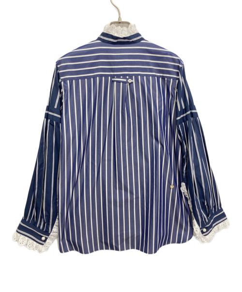MUVEIL（ミュベール）MUVEIL (ミュベール) パールボタン ストライプ フリル プルオーバーブラウス ネイビー サイズ:36の古着・服飾アイテム