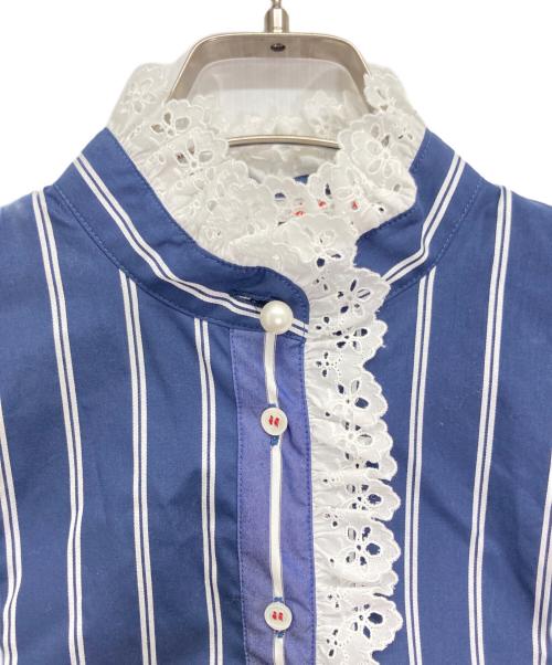 MUVEIL（ミュベール）MUVEIL (ミュベール) パールボタン ストライプ フリル プルオーバーブラウス ネイビー サイズ:36の古着・服飾アイテム