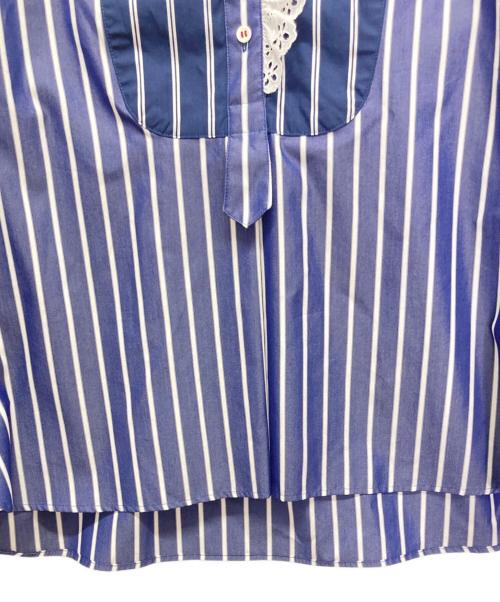 MUVEIL（ミュベール）MUVEIL (ミュベール) パールボタン ストライプ フリル プルオーバーブラウス ネイビー サイズ:36の古着・服飾アイテム
