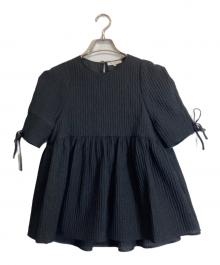 YORI（ヨリ）の古着「リボンフクレフレア半袖ブラウス」｜ブラック