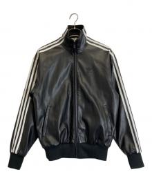 adidas（アディダス）の古着「フェイクレザー アディカラー スリーストライプス ルーズ ファイヤーバード トラックスーツジャケット」｜ブラック