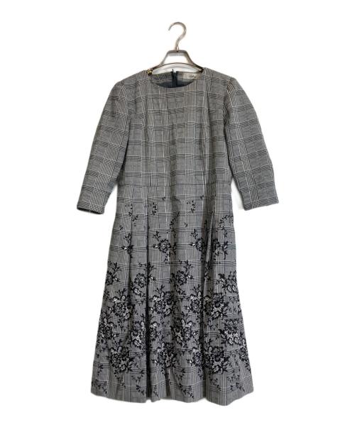 Leilian（レリアン）LEILIAN (レリアン) グレンチェックフラワー刺繍ワンピース グレー サイズ:Ｓの古着・服飾アイテム