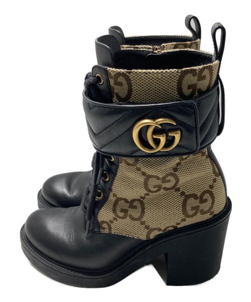 GUCCI（グッチ）GUCCI (グッチ) ジャンボGG マーモント アンクル レザーブーツ ベージュ×ブラック サイズ:37の古着・服飾アイテム