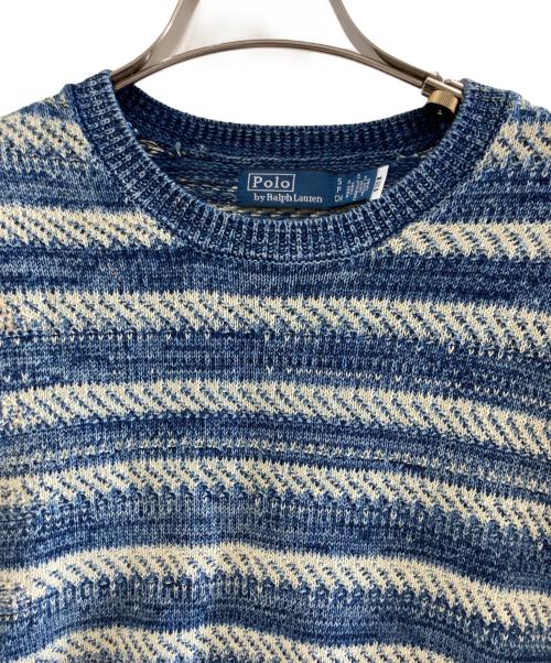 POLO RALPH LAUREN（ポロ・ラルフローレン）POLO RALPH LAUREN (ポロ・ラルフローレン) ストライプドコットンショートスリーブセーター ネイビー サイズ:Sの古着・服飾アイテム