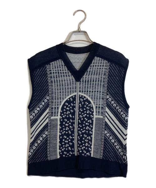 Mame Kurogouchi（マメクロゴウチ）mame kurogouchi (マメクロゴウチ) Osmanthus Motif Jacquard Knitted Vest ネイビー サイズ:Mの古着・服飾アイテム
