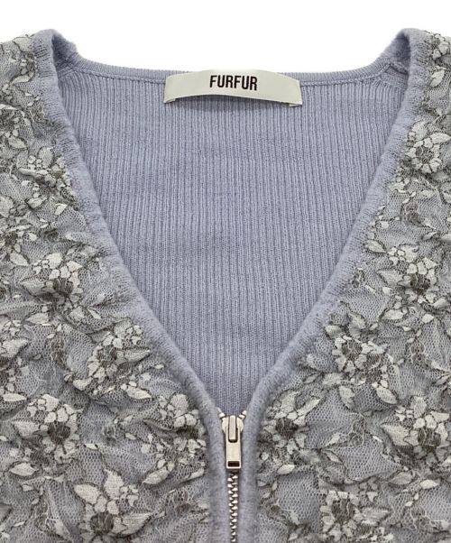 furfur（ファーファー）furfur (ファーファー) ハーフジップニット　レース　リブ　切り替え　Vネック　クロップド ブルー サイズ:Fの古着・服飾アイテム