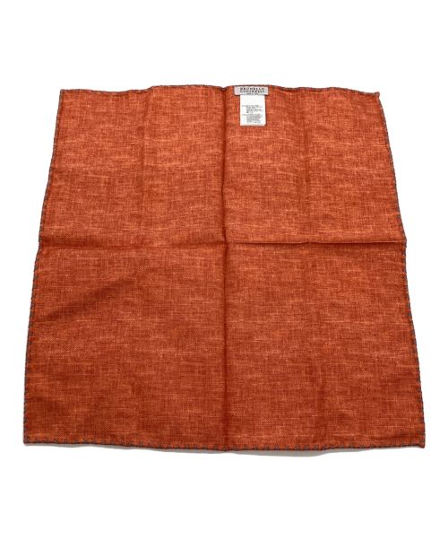 BRUNELLO CUCINELLI（ブルネロクチネリ）BRUNELLO CUCINELLI (ブルネロクチネリ) シルクコットンポケットチーフ　無地　ステッチ　縁取り オレンジの古着・服飾アイテム