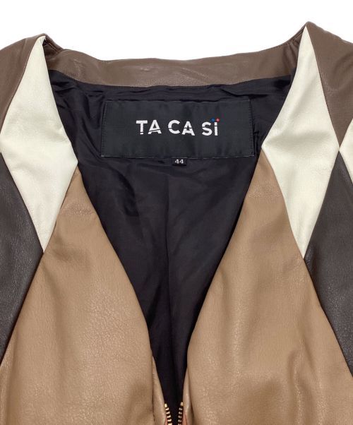 TACASI（タキャシ）TACASI (タキャシ) フェイクレザージャケット　ノーカラー　Vネック　ジップ　ダイヤ　マルチカラー ブラウン サイズ:44の古着・服飾アイテム