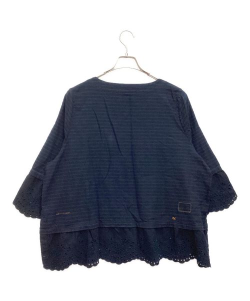 45R（フォーティファイブ・アール）45R (フォーティーファイブアール) 藍染ジンバオックスのバスクTシャツ　クルーネック　ボーダー　カットワークレース インディゴ サイズ:-の古着・服飾アイテム