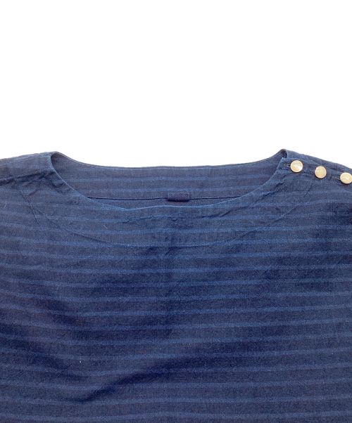45R（フォーティファイブ・アール）45R (フォーティーファイブアール) 藍染ジンバオックスのバスクTシャツ　クルーネック　ボーダー　カットワークレース インディゴ サイズ:-の古着・服飾アイテム