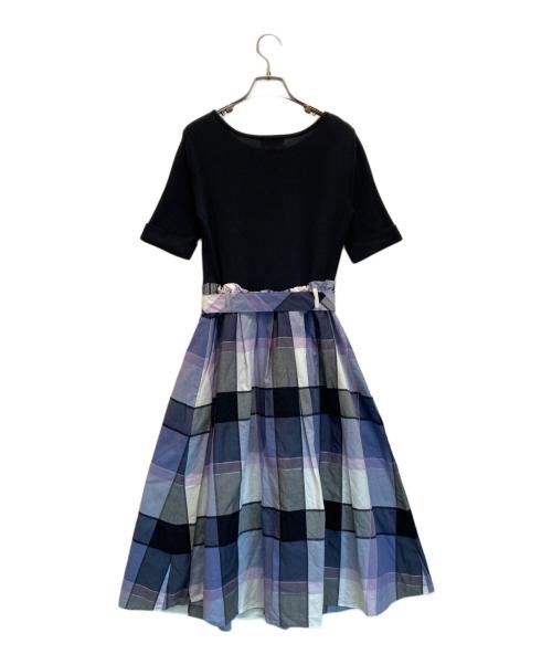 BLUE LABEL CRESTBRIDGE（ブルーレーベルクレストブリッジ）BLUE LABEL CRESTBRIDGE (ブルーレーベルクレストブリッジ) ニット切替チェックワンピース ブルー×ブラック サイズ:38の古着・服飾アイテム