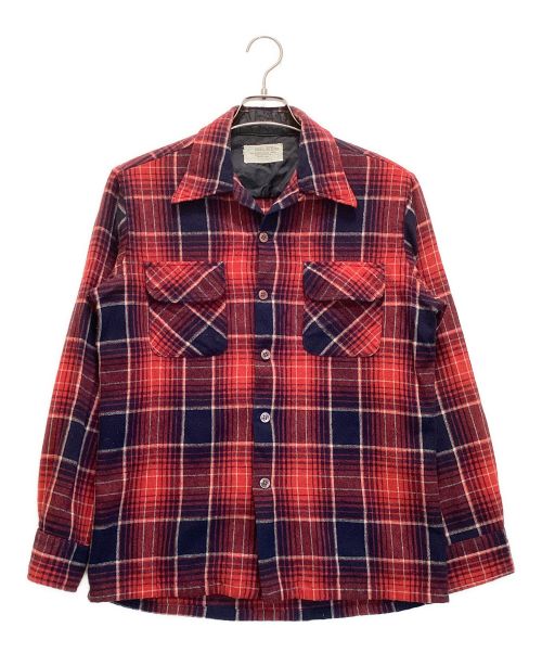 J.C.PENNY（ジェーシーペニー）J.C.PENNY (J.C.ペニー) ヴィンテージウールポリオープンカラーシャツ　チェック　70S レッド×ネイビー サイズ:Mの古着・服飾アイテム