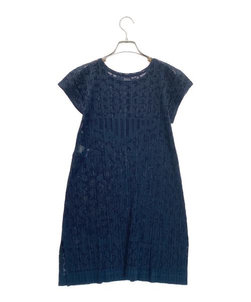 PLEATS PLEASE（プリーツプリーズ）PLEATS PLEASE (プリーツプリーズ) 透かしカットワーク プリーツワンピース チュニック ノースリーブ グリーン サイズ:3の古着・服飾アイテム