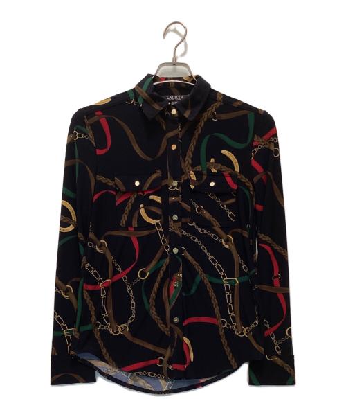 LAUREN RALPH LAUREN（ローレンラルフローレン）LAUREN RALPH LAUREN (ローレンラルフローレン) スカーフ柄 金釦ジャージーシャツ ブラック サイズ:XSの古着・服飾アイテム