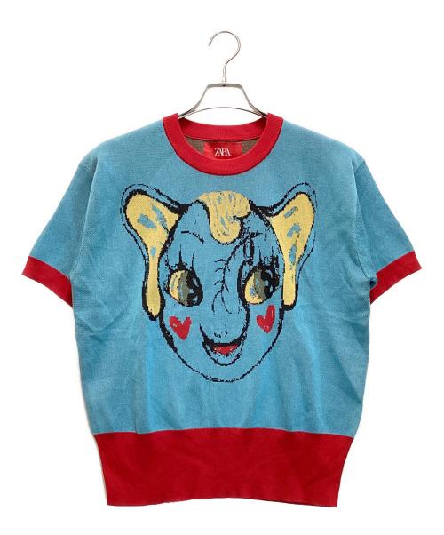 ZARA（ザラ）ZARA (ザラ) Harry Lambert (ハリー・ランバート) ジャガードエレファントニットTシャツ ブルー サイズ:Mの古着・服飾アイテム