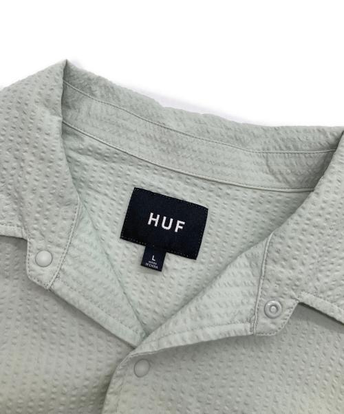 HUF（ハフ）HUF (ハフ) アーチロゴ シアサッカーS/Sシャツ グリーン サイズ:Lの古着・服飾アイテム