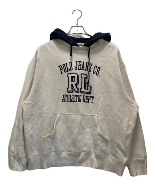 POLO JEANS CO.（ポロジーンズカンパニー）POLO JEANS CO. (ポロジーンズカンパニー) ロゴ刺繍後付けパーカー ホワイト×ネイビー サイズ:XLの古着・服飾アイテム