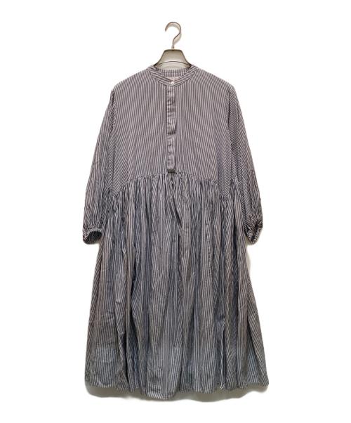 BEARDSLEY（ビアズリー）BEARDSLEY (ビアズリー) 先染めギャザーワンピース ネイビー×ホワイトの古着・服飾アイテム