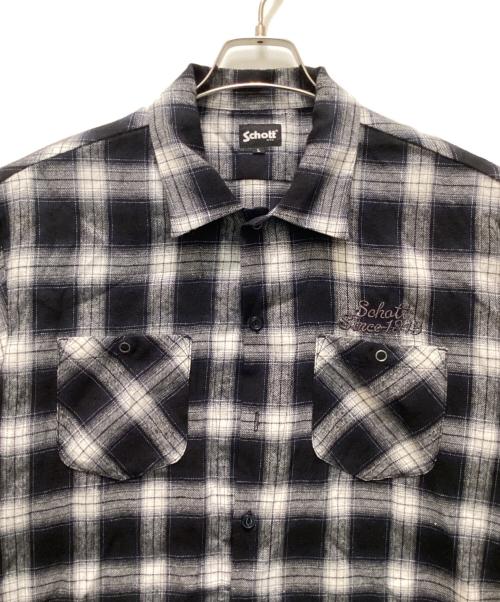 Schott（ショット）Schott (ショット) ロゴ刺繍チェックオープンカラーシャツ ネイビー×ホワイト サイズ:Lの古着・服飾アイテム