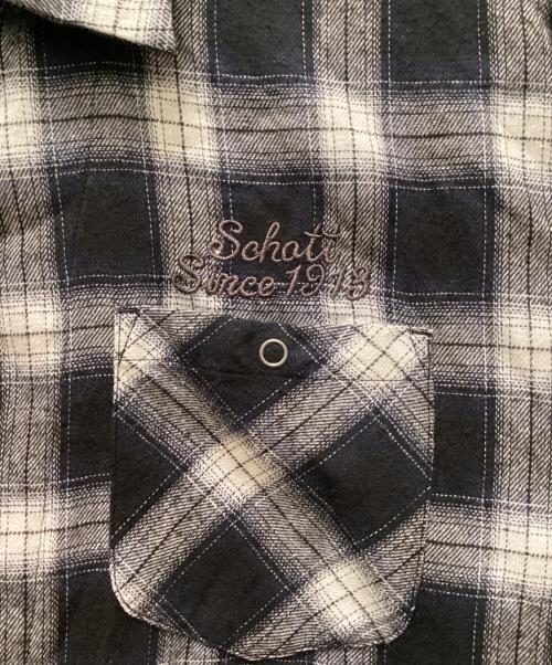 Schott（ショット）Schott (ショット) ロゴ刺繍チェックオープンカラーシャツ ネイビー×ホワイト サイズ:Lの古着・服飾アイテム