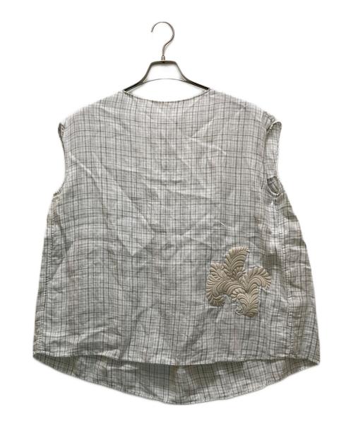 BEARDSLEY（ビアズリー）BEARDSLEY (ビアズリー) 刺繍デザインチェックノースリーブブラウス ホワイト×グレー サイズ:FREEの古着・服飾アイテム