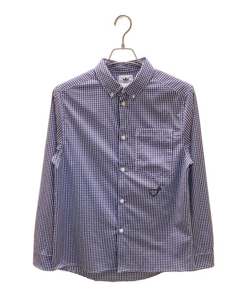 adidas（アディダス）adidas (アディダス) HUMAN MADE (ヒューマンメイド) コラボハート刺繍ギンガムチェックロングスリーブシャツ ホワイト×ネイビー サイズ:Mの古着・服飾アイテム