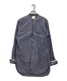 PAUL SMITH（ポールスミス）の古着「カフス裏ストライプバンドカラーシャツ」｜ネイビー