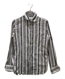 GUY ROVER（ギローバー）の古着「リネンコットン オルタネイト ストライプ ワイドカラーシャツ」｜ホワイト×グリーン