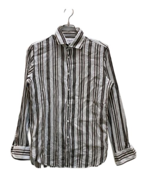 GUY ROVER（ギローバー）GUY ROVER (ギローバー) リネンコットン オルタネイト ストライプ ワイドカラーシャツ ホワイト×グリーン サイズ:39の古着・服飾アイテム