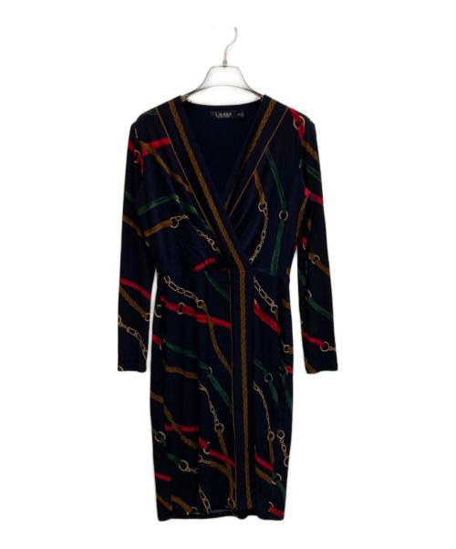 LAUREN RALPH LAUREN（ローレンラルフローレン）LAUREN RALPH LAUREN (ローレンラルフローレン) チェーン柄カシュクールワンピース ネイビー サイズ:00の古着・服飾アイテム